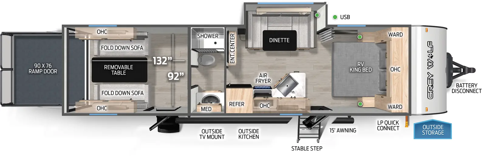 The Cherokee Black Label 27RRBL floorplan is a toy hauler that has two entries and one slide out. Exterior features include: fiberglass exterior, 15' awning and outside kitchen. Interiors features include: u-dinette, front bedroom and pass through bathroom.